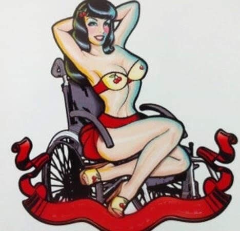 arte ilustración de mujer con ropa interior color rojo. Ella en su silla de ruedas con postura sensual mirando a la cámara.